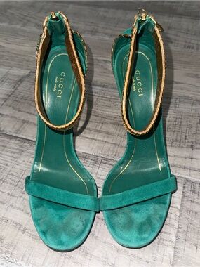 Gucci Green Suede Open-Toe Ankle-Strap Heels with Gold Accent( Size 7.5-8)